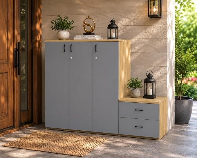 Culture Shoe Rack Cabinet with Side Sitting Stool for Shoe Wearing Size :- 4ft Height x 6.5ft Width Colour:- Oak with Gothic Grey - Image 1